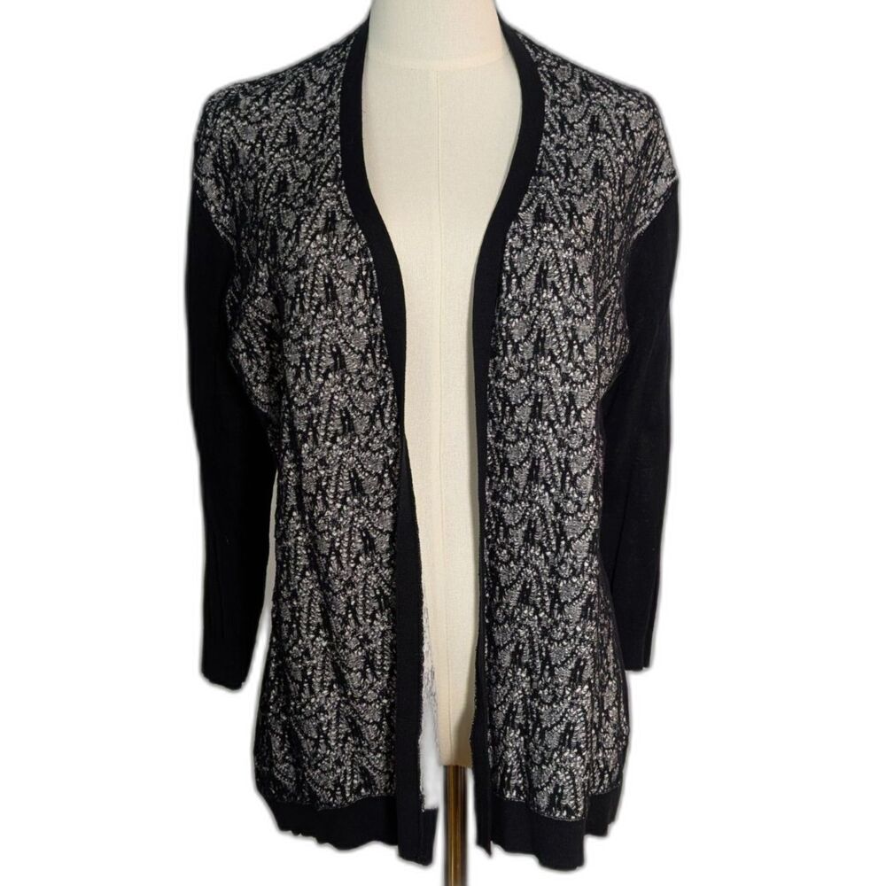 Kim Rogers Black White Open Front Cardigan Cotton Size L NWT